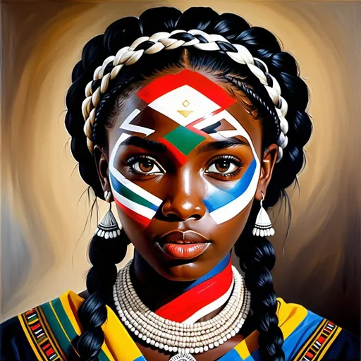 Prompt: Young South Africa women, oil painting, hyper realistic, high details, symmetric, perfect eyes, perfect hair, gorgeous, beautiful, very dark eyes, braided black hair,  very dark skin, traditional clothing,