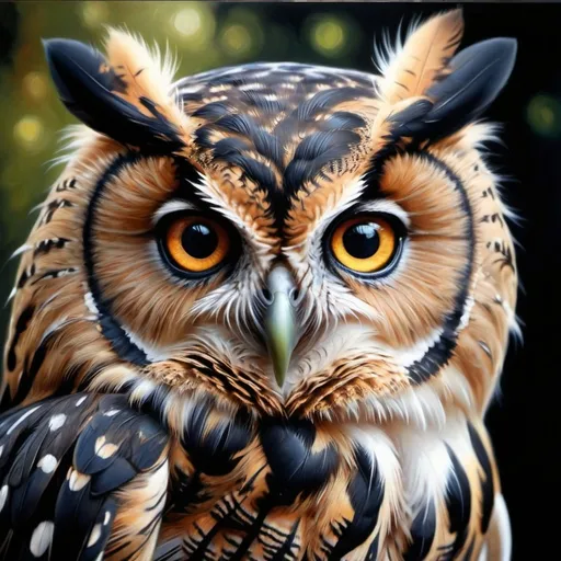 Prompt: Young owl, oil painting, hyper realistic, high details, symmetric, perfect eyes, perfect feathers, beautiful, gorgeous features, dark blue eyes, black long feathers, cute, fluffy, soft, forest, midnight,