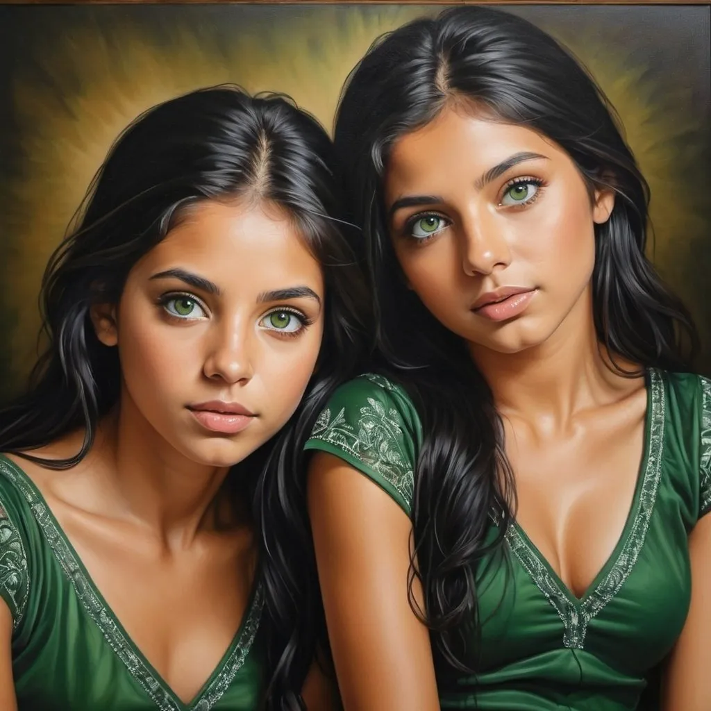 Prompt: sisters, oil painting, hyper realistic, high details, symmetric, perfect eyes, perfect hair, black hair, tan skin, dark dress, green eyes,