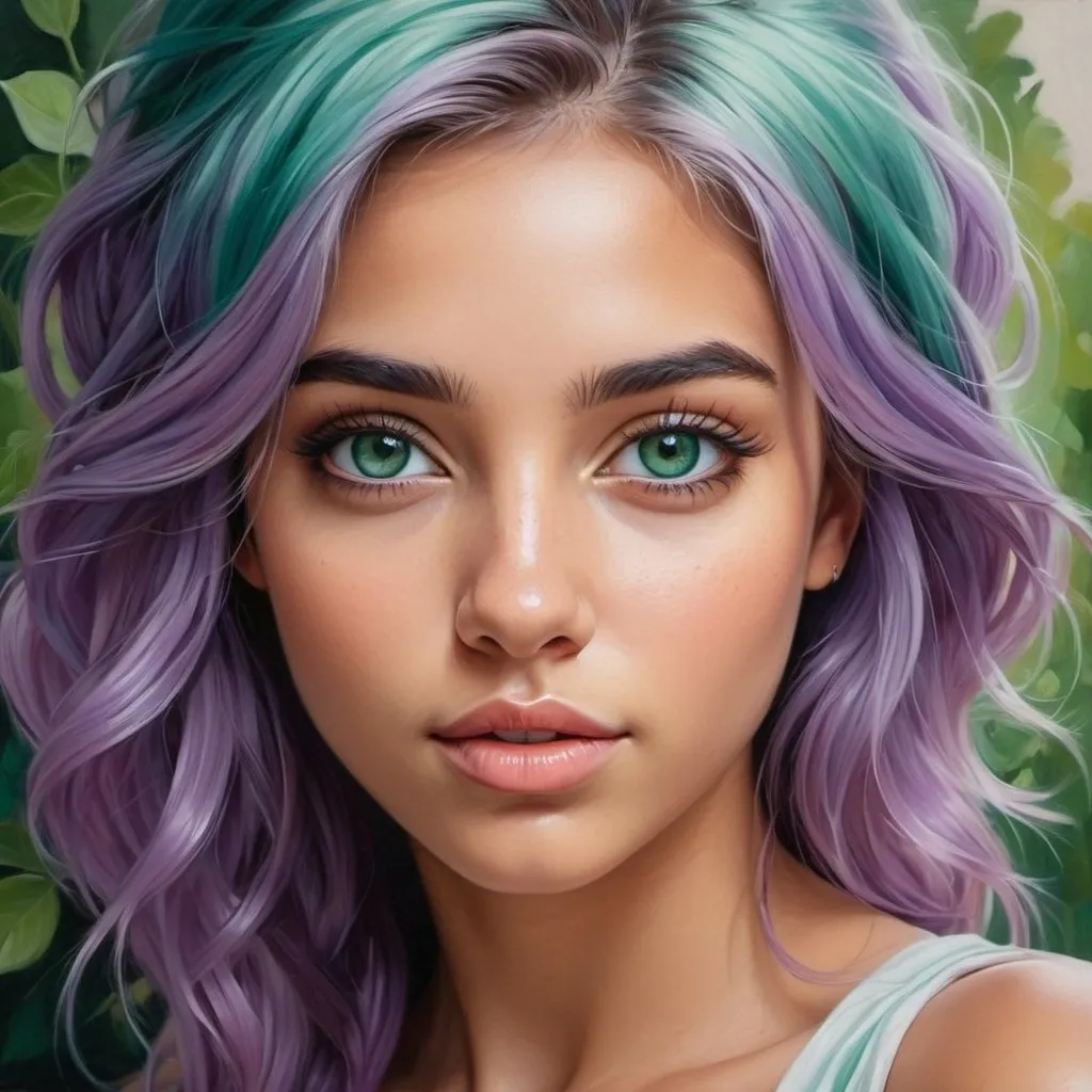 Prompt: Create a girl, high detail, oil painting, beautiful, perfect eyes, perfect hair, teal and lavender colored hair, green eyes, beautiful, tan skin, Greek,