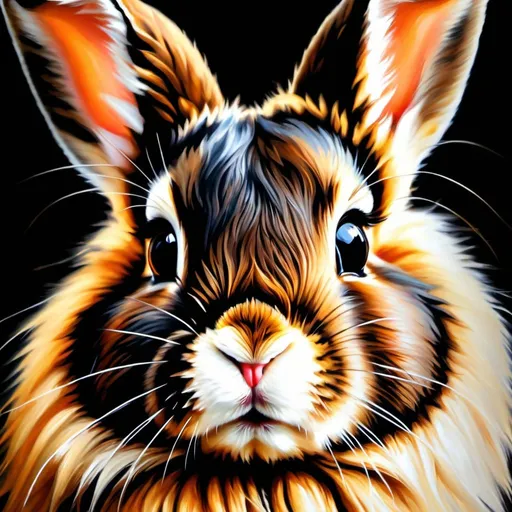 Prompt: Young bunny, oil painting, hyper realistic, high details, symmetric, perfect eyes, perfect fur, beautiful, dark brown eyes,  long black, fur, cute, fluffy, soft, 