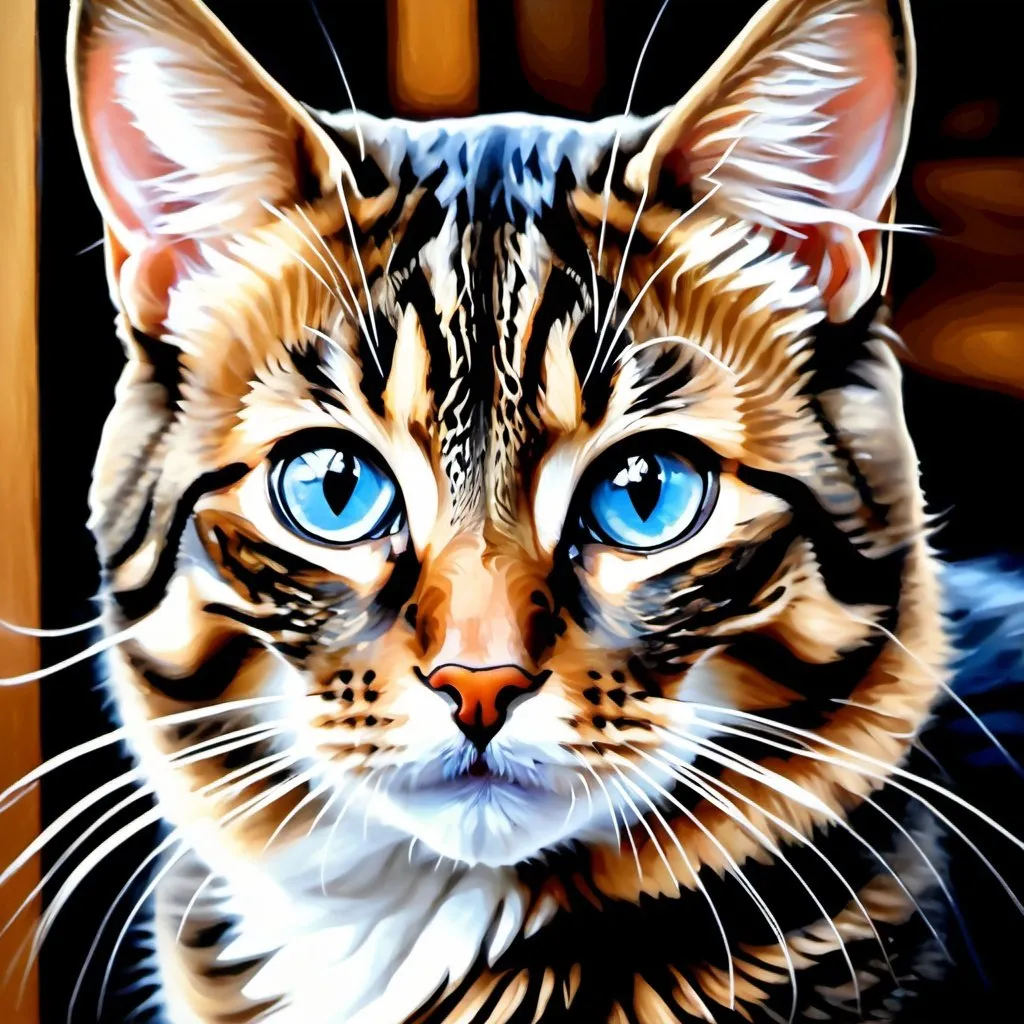 Prompt: Brown tabby cat , oil painting, hyper realistic, high details, symmetric, perfect eyes, perfect hair, beautiful, blue eyes,