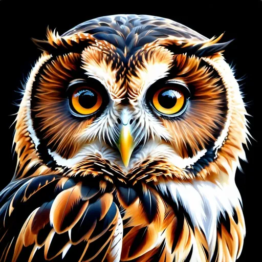 Prompt: Young owl, oil painting, hyper realistic, high details, symmetric, perfect eyes, perfect feathers, beautiful, gorgeous features, dark brown eyes, black long feathers, cute, fluffy, soft, 