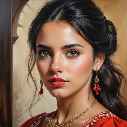 Prompt: Young Spanish women, oil painting, hyper realistic, high details, symmetric, perfect eyes, perfect hair, beautiful, dark green eyes, black hair, tan skin, traditional red dress,