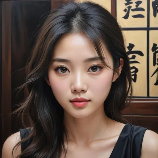 Prompt: Young Chinese women, oil painting, hyper realistic, high details, symmetric, perfect eyes, perfect hair, beautiful, dark brown eyes, black hair,  dark dress,