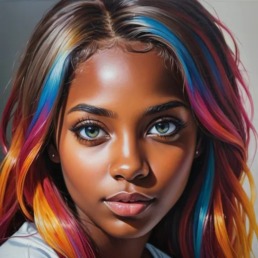 Prompt: Create a girl, high detail, oil painting, beautiful, perfect eyes, perfect hair, multi colored hair, multi colored eyes, beautiful, dark skin, 