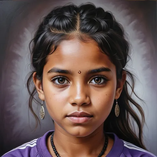 Prompt: Young  Australian aboriginal women, oil painting, hyper realistic, high details, symmetric, perfect eyes, perfect hair, beautiful, dark brown/black eyes, black hair,  purple t-shirt, dark skin,