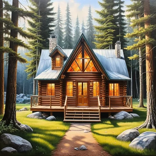Prompt: A cabin in the woods made of crystal, oil painting, hyper realistic, high details, symmetric, beautiful, 