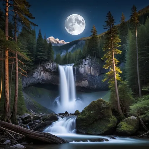 Prompt: Waterfall , woods, mountains in background, high definition, detailed, serene, tranquil, moon in the sky, nighttime, 