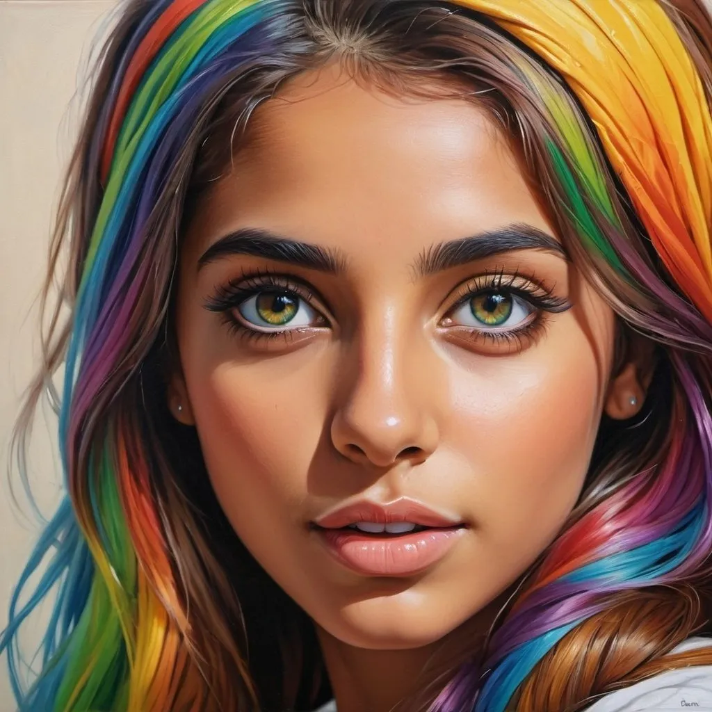 Prompt: Create a girl, high detail, oil painting, beautiful, perfect eyes, perfect hair, rainbow colored hair, multi colored eyes, beautiful, tan skin, middle Eastern,