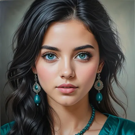 Prompt: Young to us, women, oil painting, hyper realistic, high details, symmetric, perfect eyes, perfect hair, beautiful, dark grey eyes, black hair, traditional teal clothes,