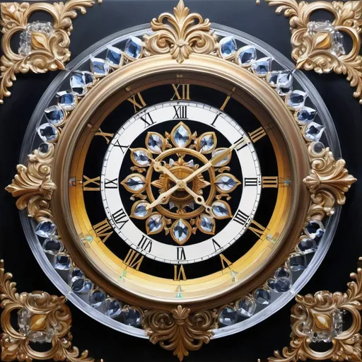 Prompt: A clock made of crystal, oil painting, hyper realistic, high details, symmetric, beautiful, 