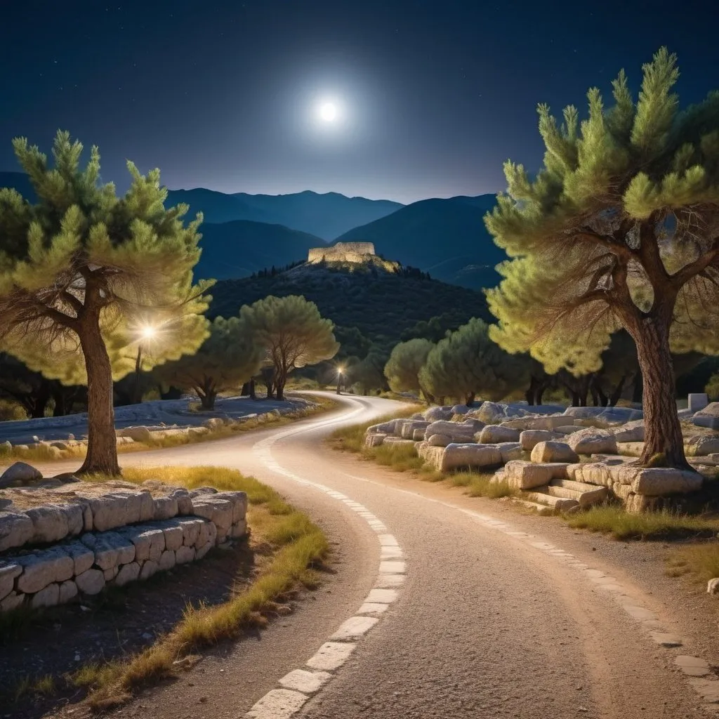 Prompt: Ancient Greek crossroads, woods, mountains in background, high definition, detailed, serene, tranquil, moon in the sky, nighttime, 