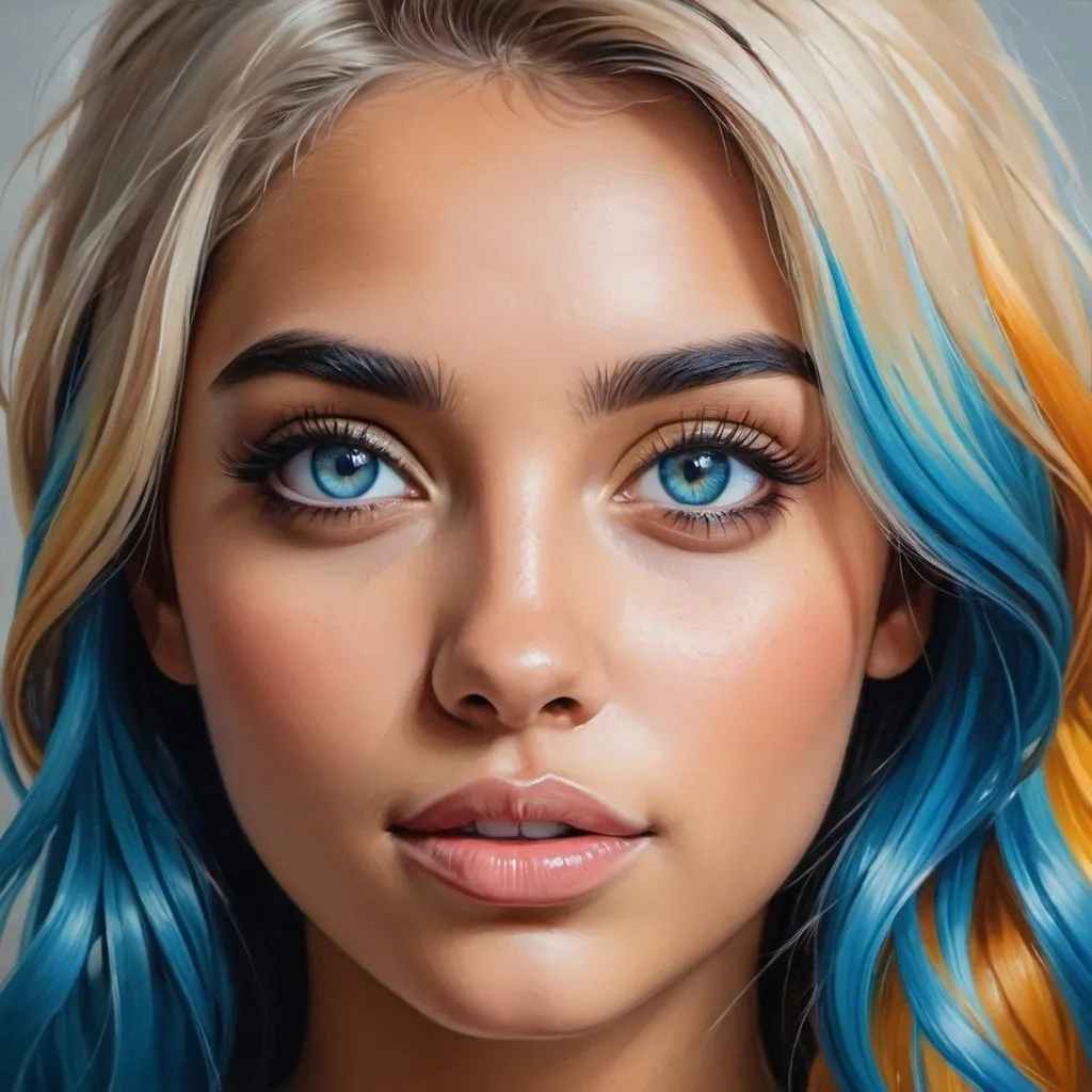 Prompt: Create a girl, high detail, oil painting, beautiful, perfect eyes, perfect hair, blue colored hair, multi colored eyes, beautiful, tan skin,