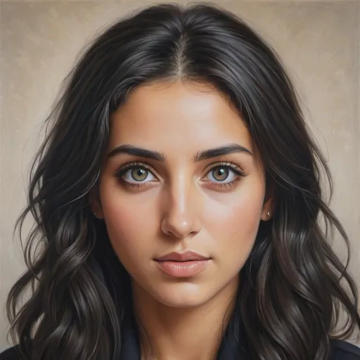 Prompt: Jewish women, oil painting, hyper realistic, high details, symmetric, perfect eyes, perfect hair, beautiful, dark grey eyes, black hair, traditional tan clothes,