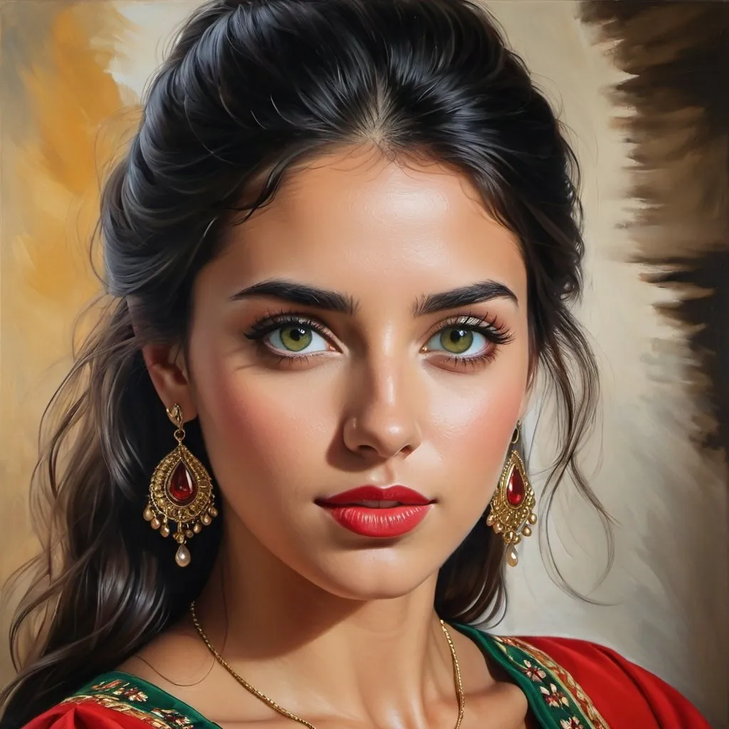 Prompt: Young Spanish women, oil painting, hyper realistic, high details, symmetric, perfect eyes, perfect hair, beautiful, dark green eyes, black hair, tan skin, traditional red dress,