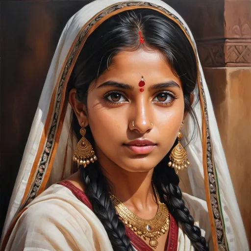 Prompt: Young Indian women, oil painting, hyper realistic, high details, symmetric, perfect eyes, perfect hair, beautiful, brown eyes, black hair, tan skin, traditional clothes,