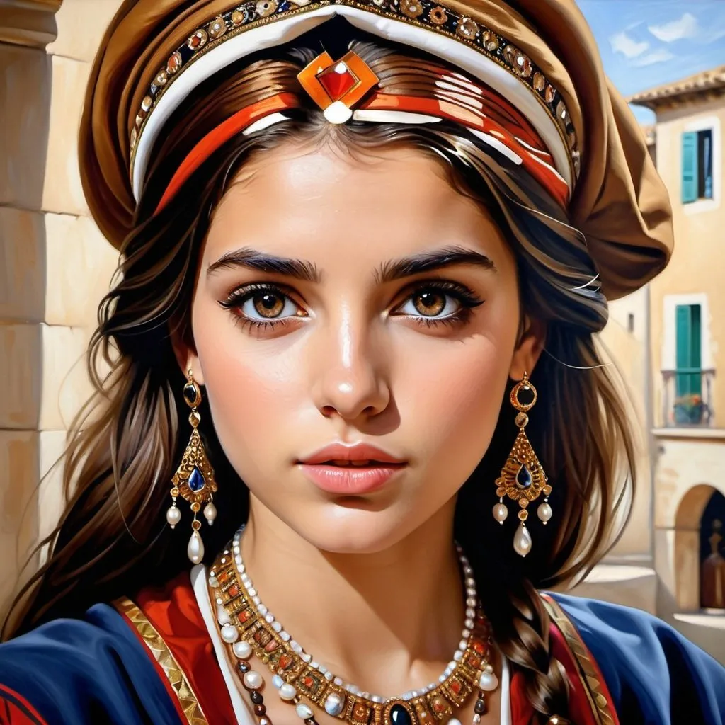 Prompt: Young French women, oil painting, hyper realistic, high details, symmetric, perfect eyes, perfect hair, gorgeous, goddess like, beautiful, dark browns eyes, brown hair, traditional clothing, lots of jewelry, perfect makeup,