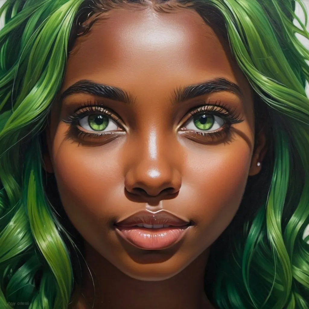 Prompt: Create a girl, high detail, oil painting, beautiful, perfect eyes, perfect hair, green wavy hair, green colored eyes, beautiful, dark skin,