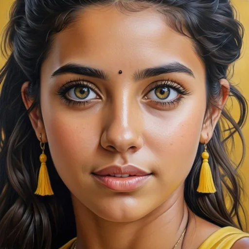 Prompt: Young Costa Rican women, oil painting, hyper realistic, high details, symmetric, perfect eyes, perfect hair, beautiful, dark blue eyes, black hair, tan skin, traditional yellow dress,