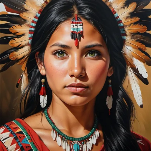 Prompt: Young Native American women, oil painting, hyper realistic, high details, symmetric, perfect eyes, perfect hair, beautiful, dark green eyes, black hair, tan skin, red dress,