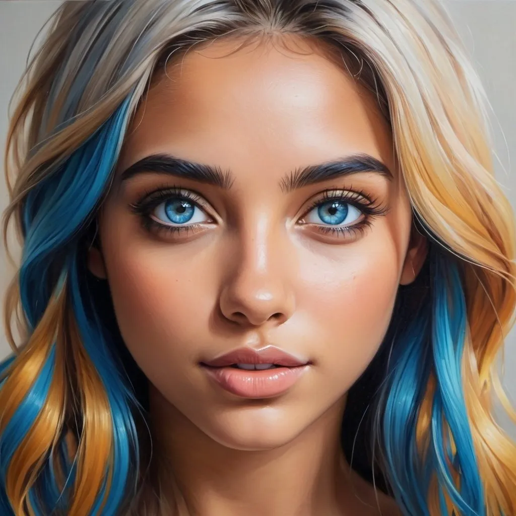 Prompt: Create a girl, high detail, oil painting, beautiful, perfect eyes, perfect hair, blue colored hair, multi colored eyes, beautiful, tan skin,