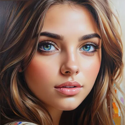 Prompt: Create a girl, high detail, oil painting, beautiful, perfect eyes, perfect hair, multi colored eyes, multi colored eyes, beautiful 