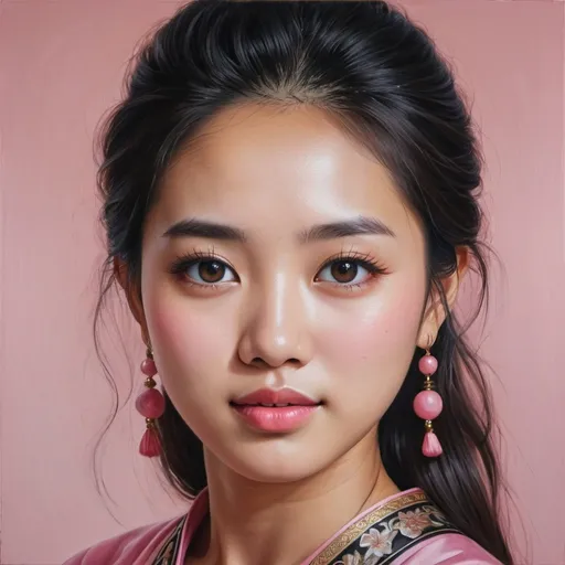 Prompt: Young Singaporean women, oil painting, hyper realistic, high details, symmetric, perfect eyes, perfect hair, beautiful, dark copper eyes, black hair, traditional pink dress,