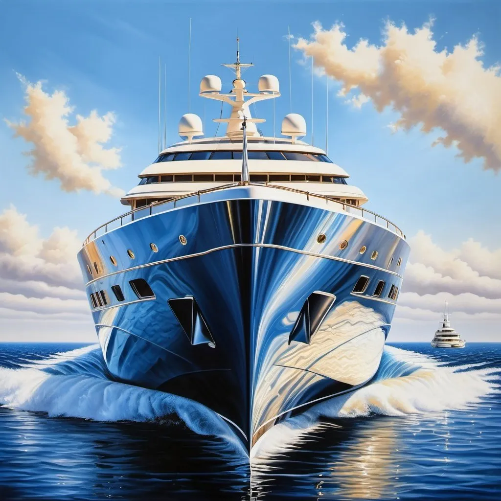 Prompt: A big yacht made of crystal, oil painting, hyper realistic, high details, symmetric, beautiful, defined,