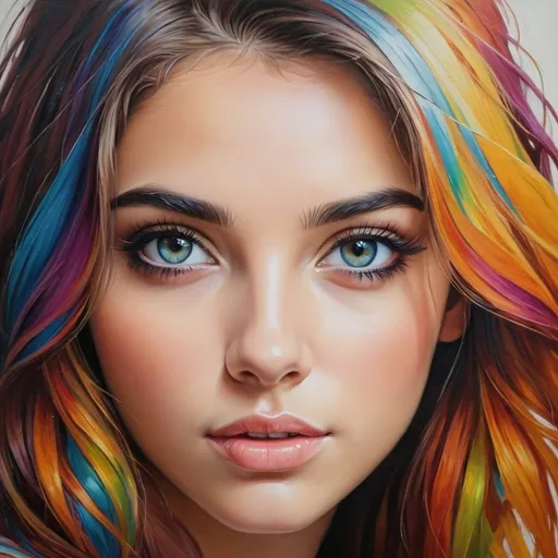 Prompt: Create a girl, high detail, oil painting, beautiful, perfect eyes, perfect hair, multi colored hair, multi colored eyes, beautiful 