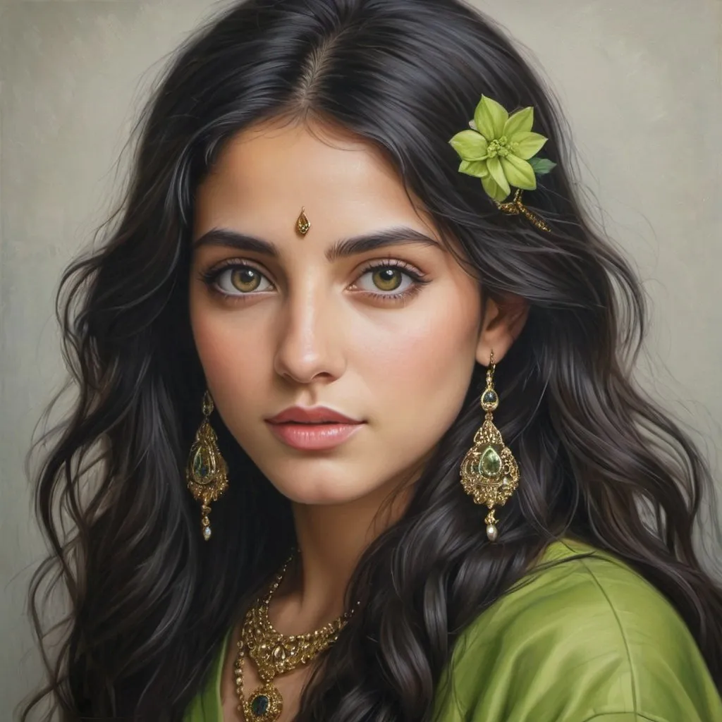 Prompt: Jewish women, oil painting, hyper realistic, high details, symmetric, perfect eyes, perfect hair, beautiful, dark grey eyes, black hair, traditional lime colored clothes, jewelry,