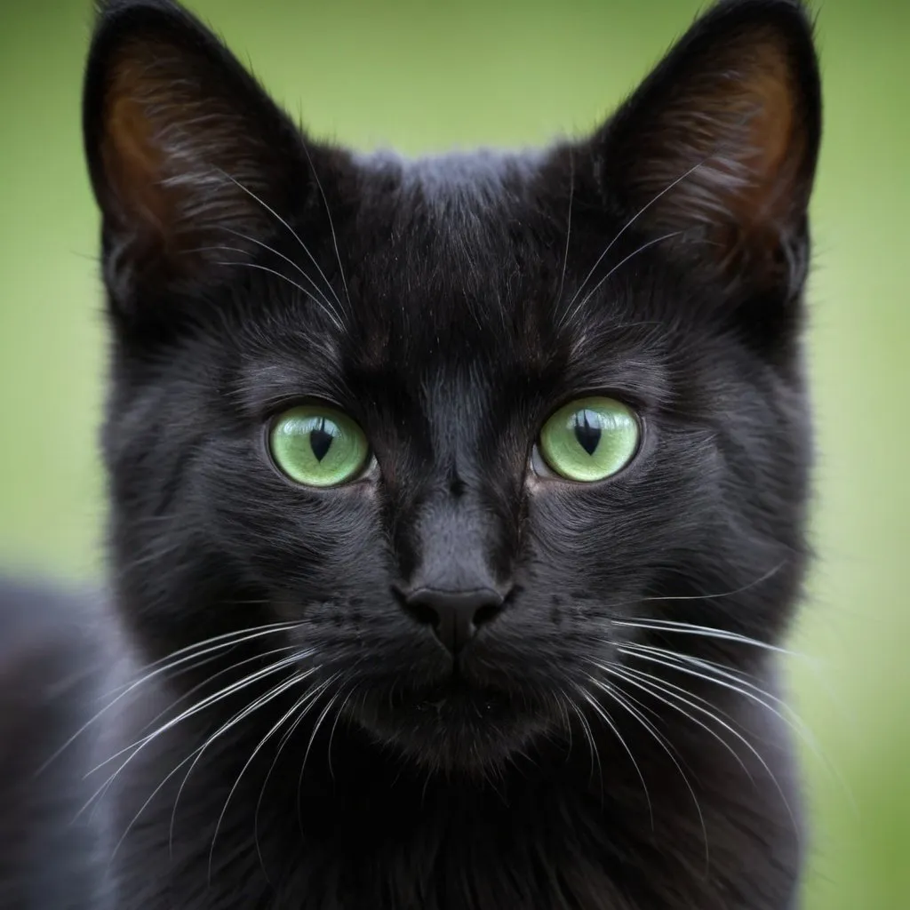 Prompt: A young cat, symmetrical, beautiful, perfect face, perfect body, perfect eyes, high definition, detailed, good quality, black fur, green eyes, black background,