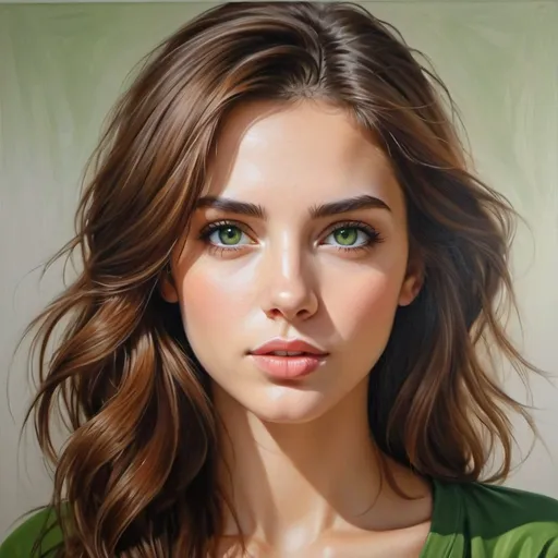 Prompt: Women in simple clothes, oil painting, hyper realistic, high details, symmetric, perfect eyes, perfect hair, beautiful, brown hair, green eyes,