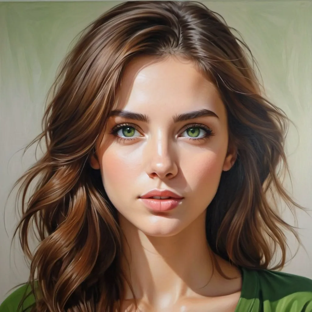 Prompt: Women in simple clothes, oil painting, hyper realistic, high details, symmetric, perfect eyes, perfect hair, beautiful, brown hair, green eyes,