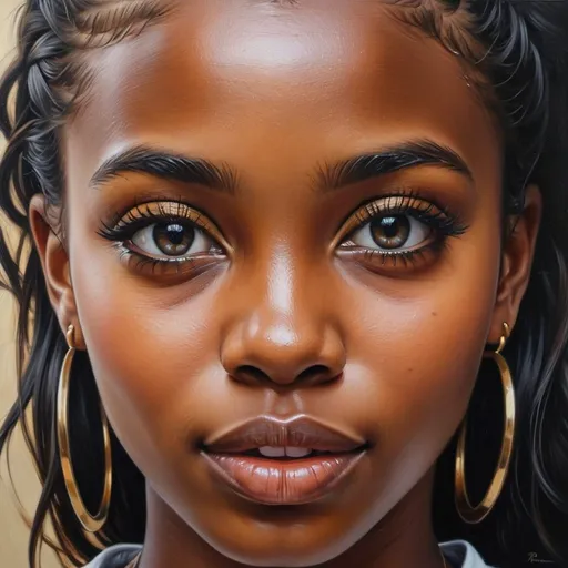 Prompt: Young African women, oil painting, hyper realistic, high details, symmetric, perfect eyes, perfect hair, beautiful, dark brown eyes, black hair, dark skin, everyday clothes,