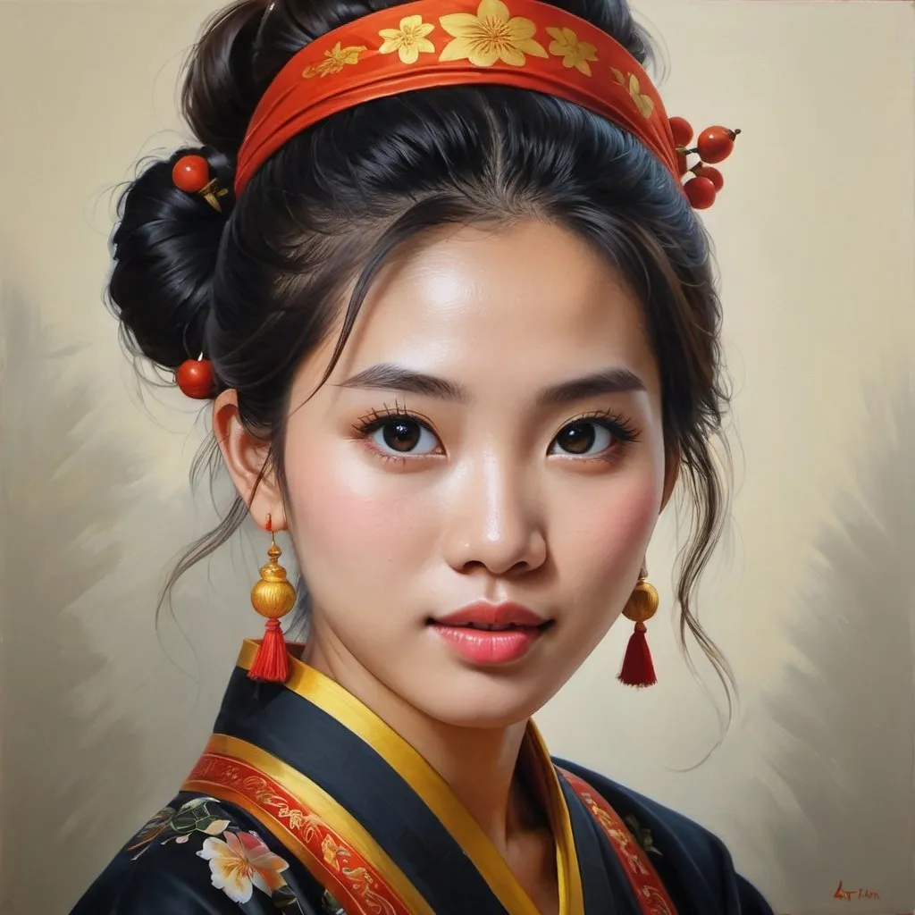 Prompt: Young  Vietnamese women, oil painting, hyper realistic, high details, symmetric, perfect eyes, perfect hair, beautiful, dark brown eyes, black hair,  bun, traditional dress,