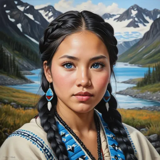 Prompt: Young native Alaskan women, oil painting, hyper realistic, high details, symmetric, perfect eyes, perfect hair, gorgeous, beautiful, blue eyes, braided black hair, light skin, traditional clothing,