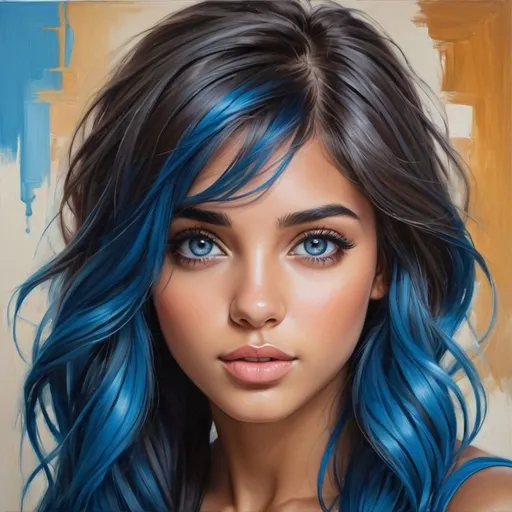 Prompt: Create a girl, high detail, oil painting, beautiful, perfect eyes, perfect hair, blue colored hair, multi colored eyes, beautiful, tan skin,