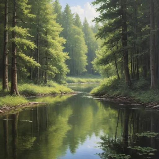 Prompt: A lake in the woods, oil painting, hyper realistic, high details, symmetric, beautiful, 