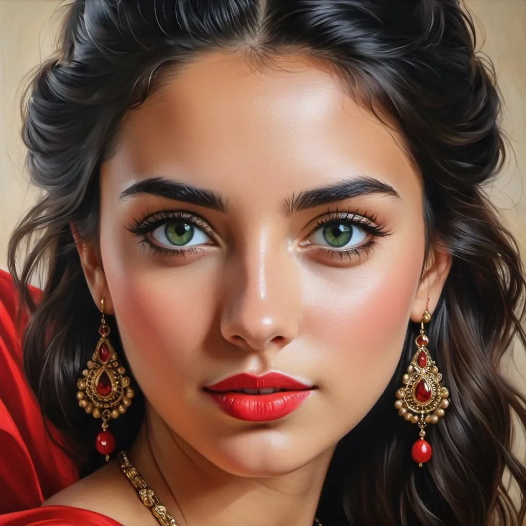 Prompt: Young Spanish women, oil painting, hyper realistic, high details, symmetric, perfect eyes, perfect hair, beautiful, dark green eyes, black hair, tan skin, traditional red dress,