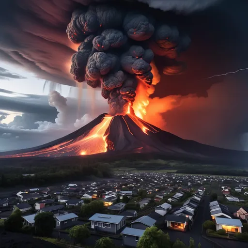 Prompt: An erupting volcano with huge clouds of ash and lightning darkening the sky, and streams of lava flow toward the small town below with only a few houses in town