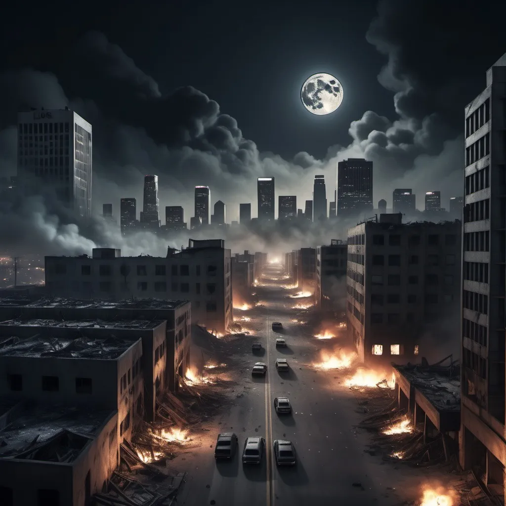 Prompt: Cinematic (realistic depiction of World War 3), Los Angeles city line with FULL MOON, charred and burned cars, crumbling buildings, haunting atmosphere, (cool tone) night sky filled with smoke, flickering fires casting shadows, dramatic lighting, gritty and desolate landscape, 4K resolution, ultra-detailed, evoking a sense of chaos and destruction.