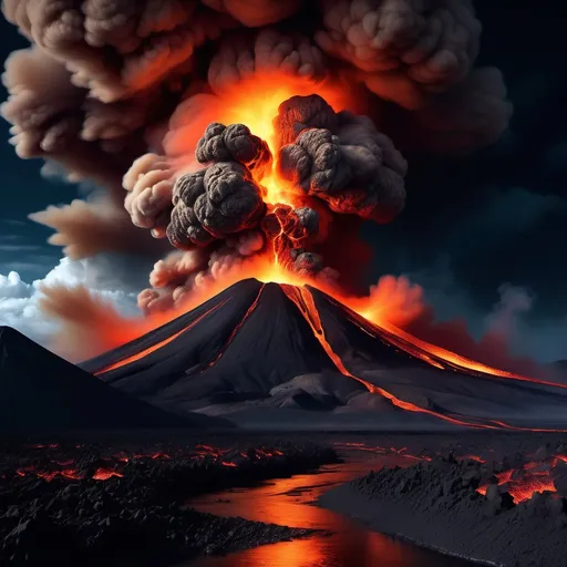 Prompt: (HD) full moon, catastrophic erupting volcano, rivers of lava, fiery destruction, intense orange and red flames, vibrant contrasts against a dark night sky, dramatic atmosphere, ominous shadows, surreal landscape, molten rock flowing, explosive ash cloud, captivating natural disaster scene, high contrast and detail, epic cinematic quality.