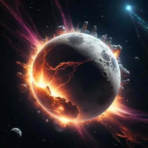 Prompt: (visionary concept) Earth's moon exploding, spectacular explosion, cosmic debris scattering through a starry sky, vivid colors, mesmerizing light trails, magical lunar textures, celestial drama, vibrant contrasts against the deep black of space, awe-inspiring scale, (highly detailed), (4K), ethereal ambiance, chaotic beauty, space fantasy scene.