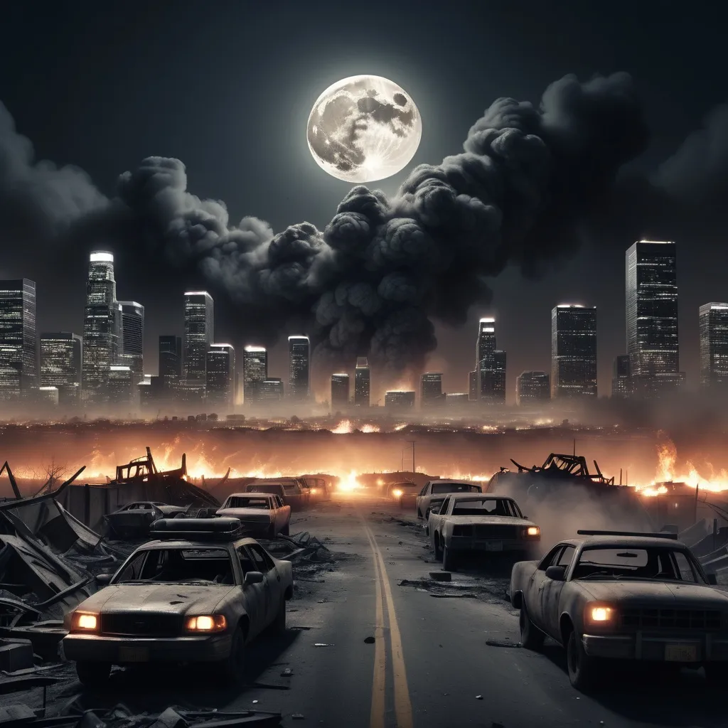 Prompt: Cinematic (realistic depiction of World War 3), Los Angeles city line with FULL MOON, charred and burned cars, crumbling buildings, haunting atmosphere, (cool tone) night sky filled with smoke, flickering fires casting shadows, dramatic lighting, gritty and desolate landscape, 4K resolution, ultra-detailed, evoking a sense of chaos and destruction.