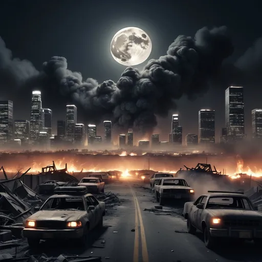 Prompt: Cinematic (realistic depiction of World War 3), Los Angeles city line with FULL MOON, charred and burned cars, crumbling buildings, haunting atmosphere, (cool tone) night sky filled with smoke, flickering fires casting shadows, dramatic lighting, gritty and desolate landscape, 4K resolution, ultra-detailed, evoking a sense of chaos and destruction.