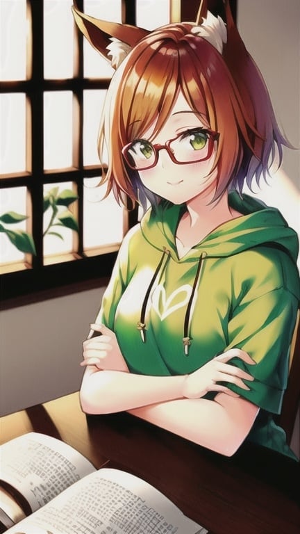 Prompt: josei style, anime, Heart-shaped face, non-binary, ginger hair, natural lighting, books, round glasses, fox ears, undercut, short hair, dark hoodie, headphones, cozy room, soft lighting, soft smile, green plants, books, desk, relaxed pose, calming, non-binary, detailed, comfy, warm tones, highres, cosy, soft lighting, undercut short hair