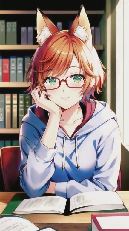 Prompt: josei style, anime, Heart-shaped face, non-binary, ginger hair, natural lighting, books, round glasses, fox ears, undercut, short hair, dark hoodie, headphones, cozy room, soft lighting, soft smile, green plants, books, desk, relaxed pose, calming, non-binary, detailed, comfy, warm tones, highres, cosy, soft lighting, undercut short hair