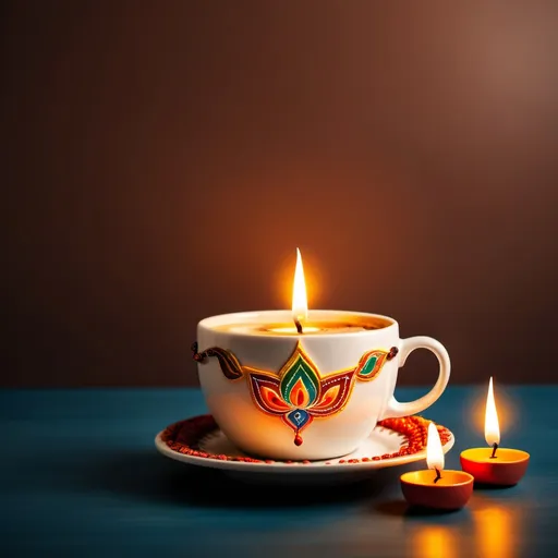 Prompt: Coffee cup with diwali lamp  greeting WITH SPACE ON TOP AND RIGHT