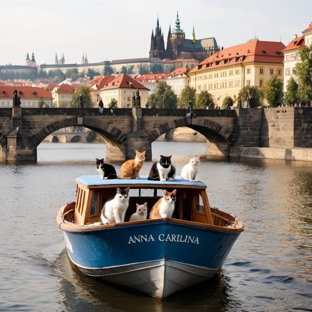 Prompt: A boat named “Anna Carolina” near a bridge in prague with cats